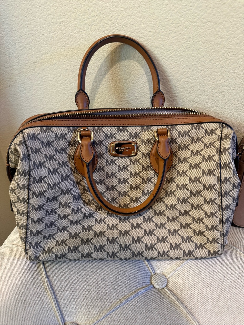 Michael Kors Cream & Brown MK Logo Satchel